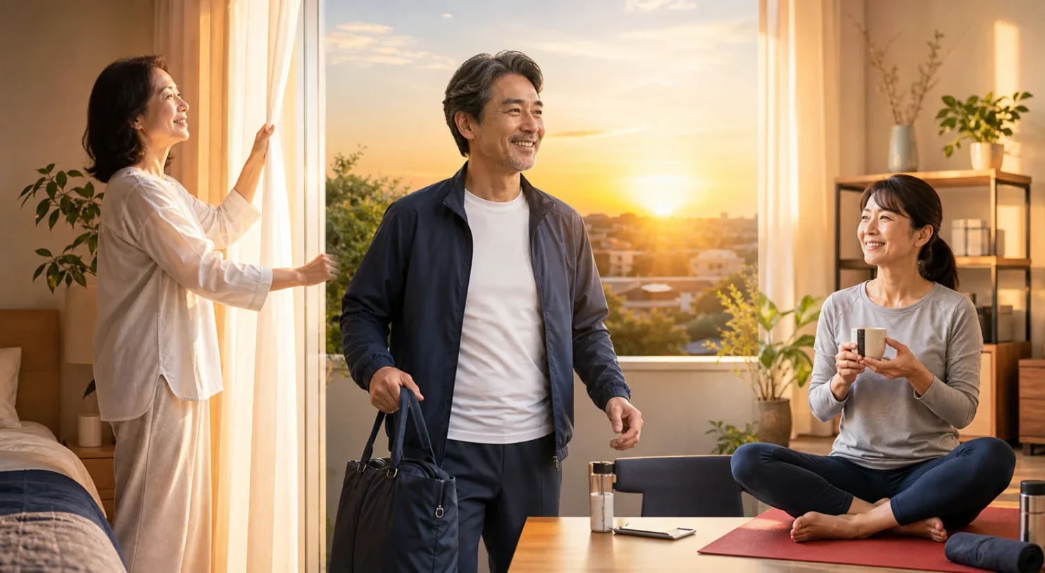 朝の運動を終えてそれぞれの一日を始める人のイメージ