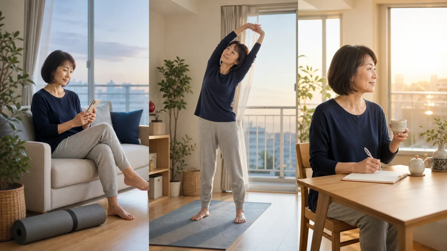 朝の時間を運動から一日の予定へ切り替える女性のイメージ