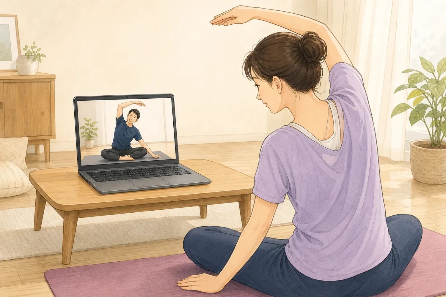 自宅でパソコン越しに阿部英明の指導を受けながらストレッチする女性の漫画調イラスト